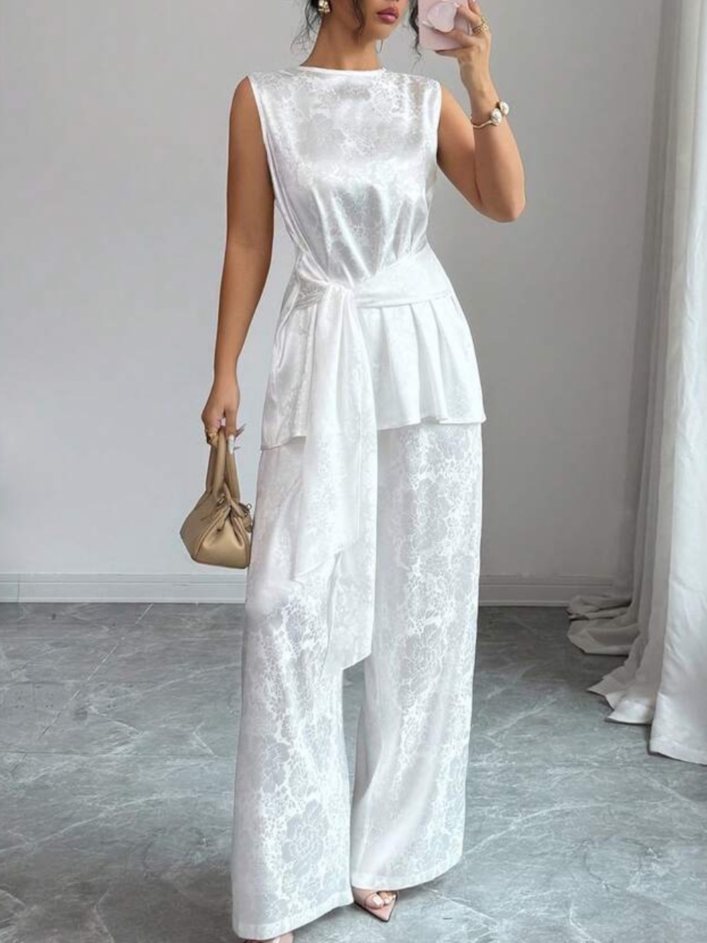Satin White Wide-Leg Pants with Draped Waist Tie Top